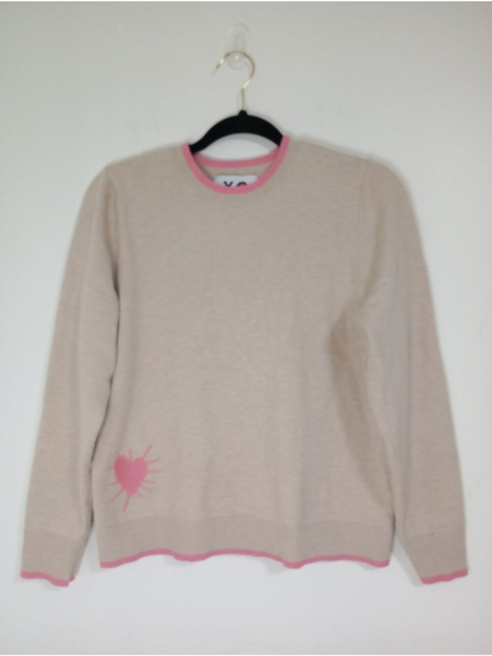 Anthropologie Kerri Rosenthal XO Beige Sweater With Pink Trim & Heart Design L